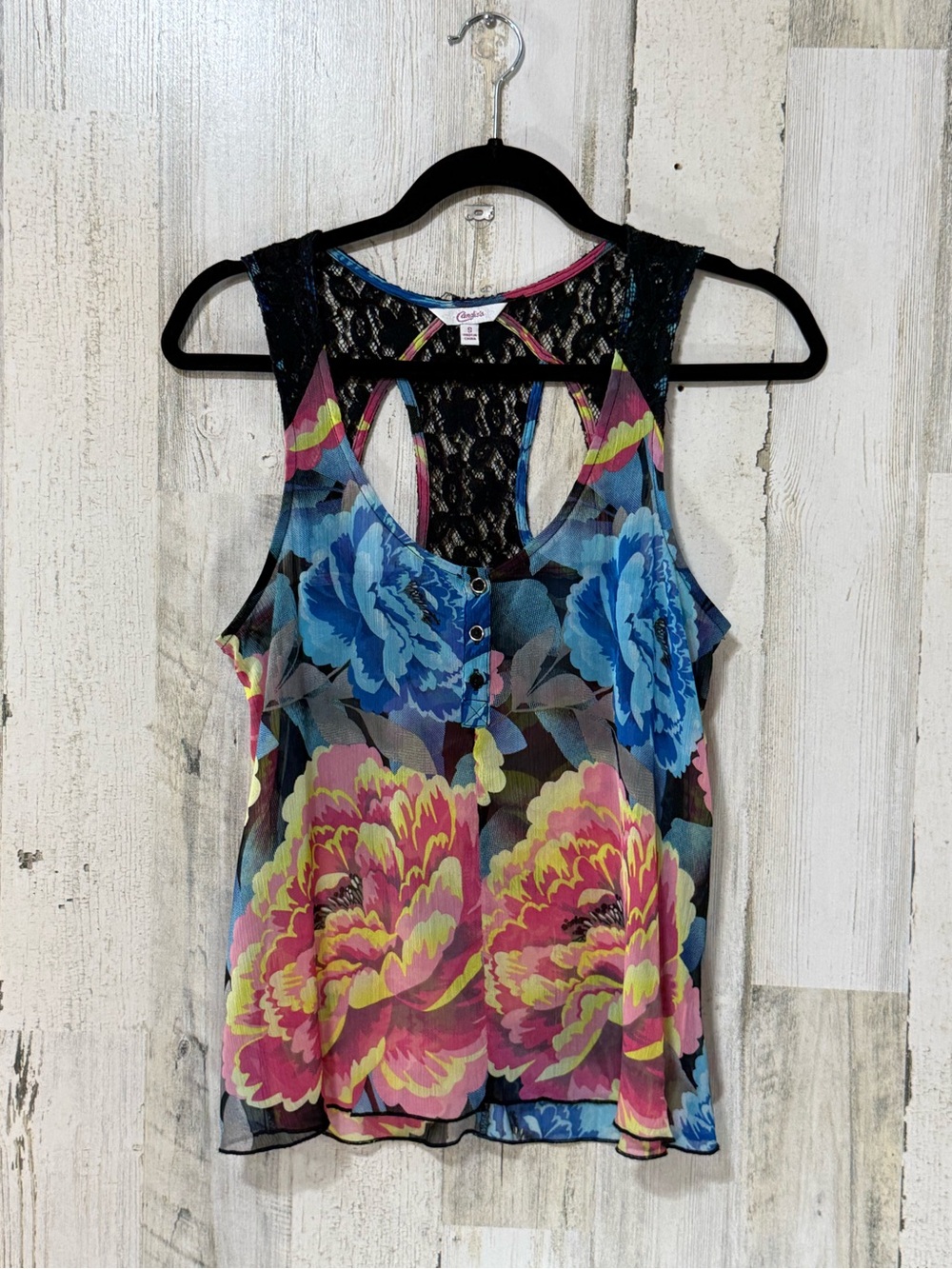 Candie's Sheer Floral Lace-Back Camisole in Blue and Pink